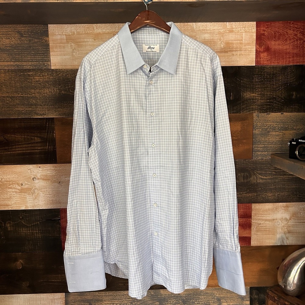 Brioni Dress Shirt Mens 18 L Blue Check Plaid Made In Italy Cotton